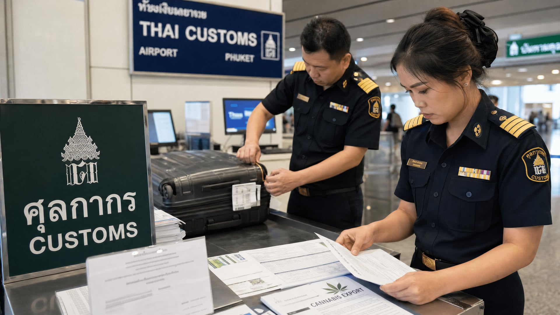 Thai customs desk with export paperwork and sealed luggage during a cannabis inspection