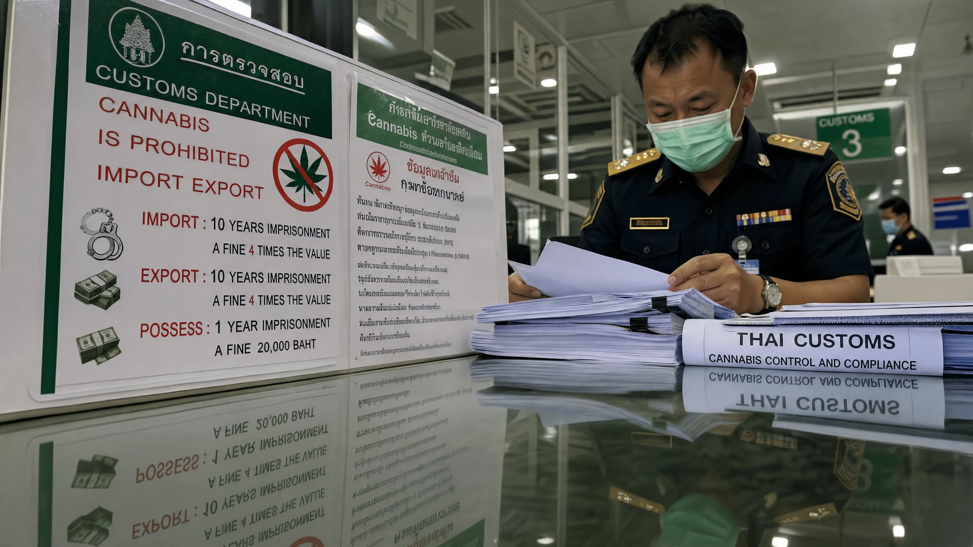 Thai customs documents and cannabis compliance notices on an enforcement office desk