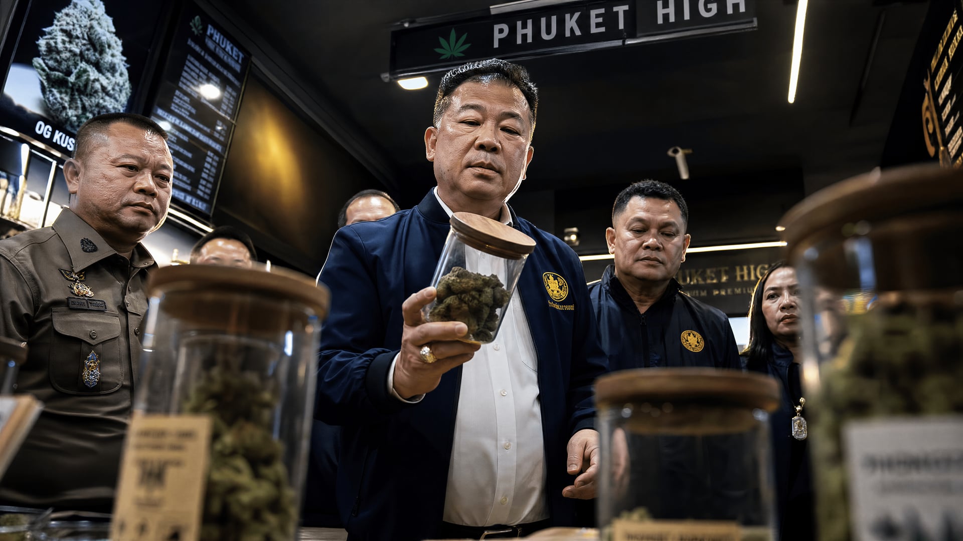 Deputy Interior Minister and Phuket officials inspecting a cannabis shop in Cherng Talay, Thalang