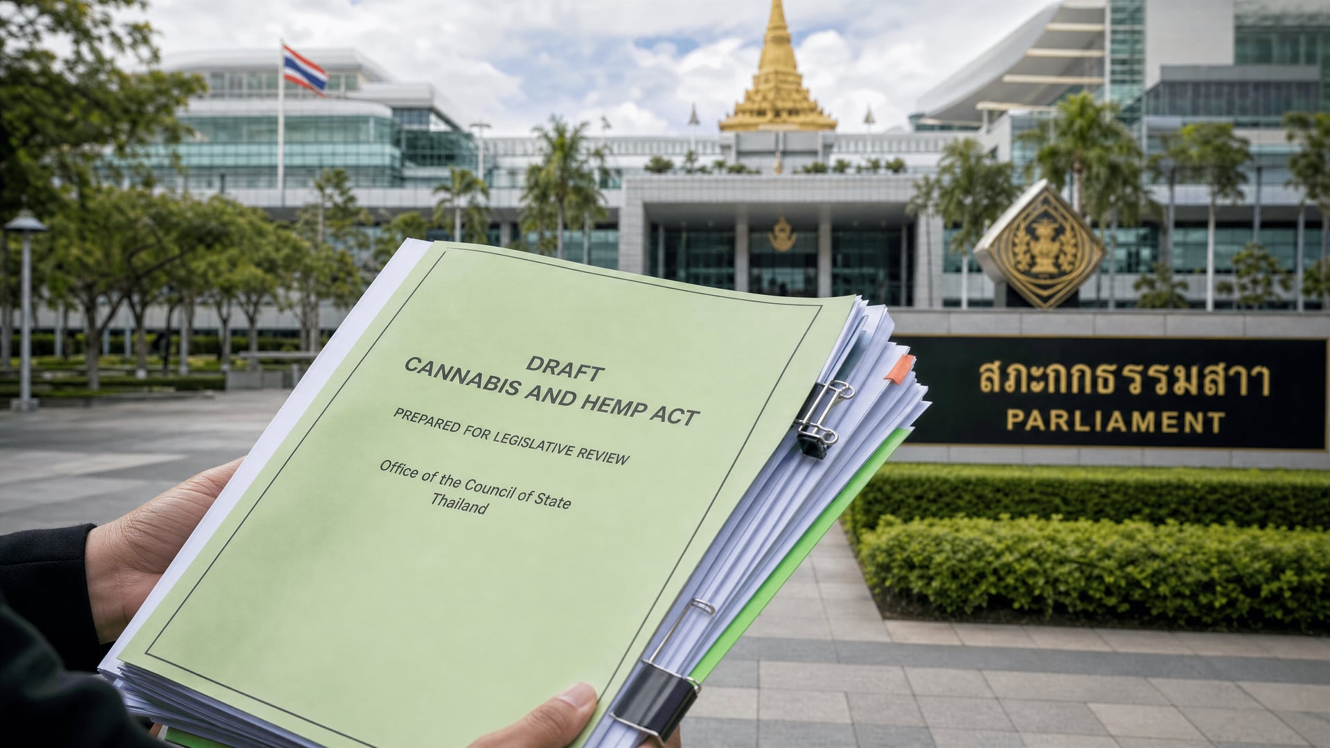 Thai Parliament exterior beside draft Cannabis and Hemp Act documents prepared for legislative review