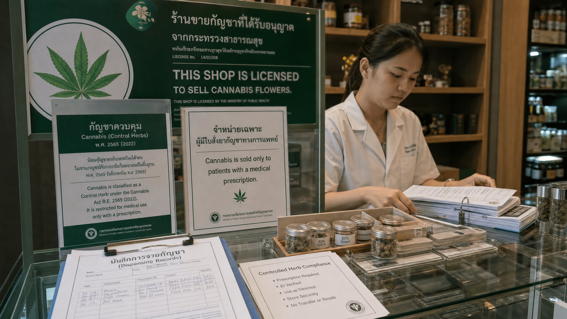 Thai licensed dispensary counter displaying prescription records and controlled-herb compliance notices
